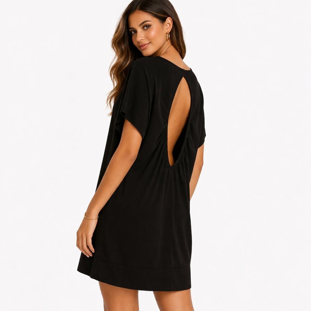 Alice + Olivia Black Tunic Dress L Keyhole Back Pleated Shoulder